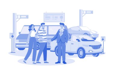 Happy customers couple handshaking with a manager in an auto salon