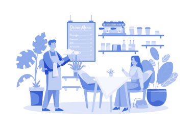 Young Handsome Waiter Servicing Girl Customer in Cafe