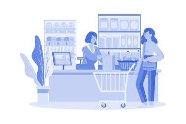 Markette alışveriş çantasıyla ilgilenen tezgahtar.