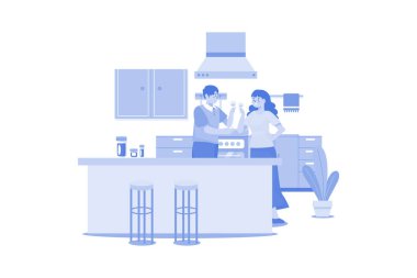 Couple Holding Wineglasses In Hands Stand At Kitchen Desk With Fruits