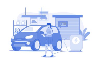 Woman Charging An Electric Car At Home