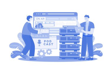Beyaz arkaplan üzerinde Man Sunucu Podcast Illustration kavramı