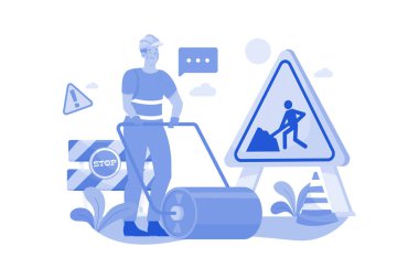 Worker Using Road Roller Makes Paving On Highway Or Street