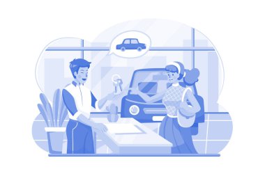 Showroom Yöneticisi yeni araba anahtarını alıcıya veriyor.