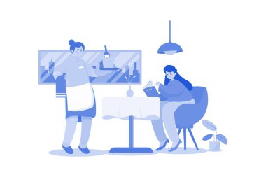 Garson bir kadına yemek servisi yapıyor.