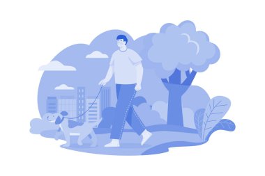 Adam köpeğiyle sabah yürüyüşüne çıkıyor.