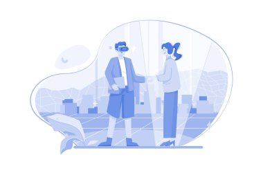 Sanal gözlüklü bir adam sanal dünyada holografik grafikle el sıkışıyor..