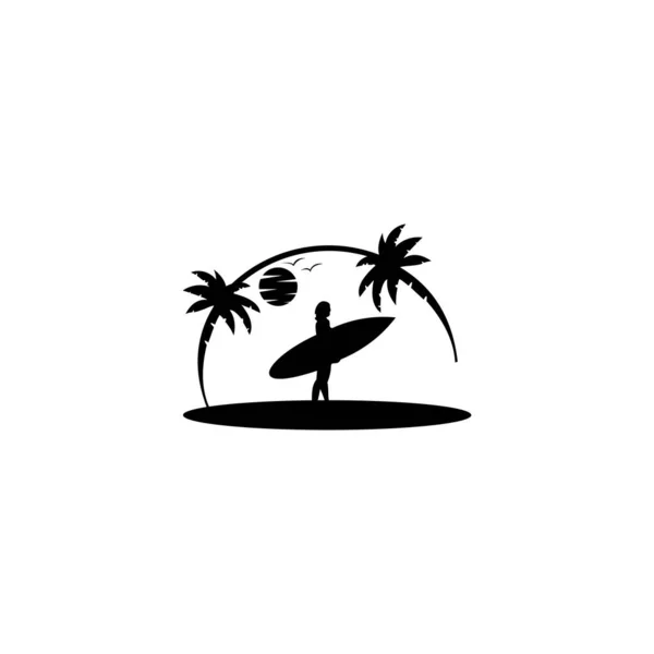 Üzerinde Kadın Silueti Olan Bir Sörf Logosu Logo Tasarım Lham — Stok Vektör