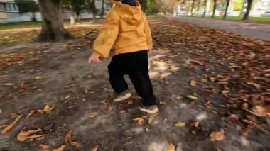 Şehir parkında çocukların ayakları sararır, yapraklar dökülür. Sonbahar mevsiminin neşesi açık gökyüzünün altında. Boşluğu kopyala - yürüme, hava durumu, bulutlu gün kavramı