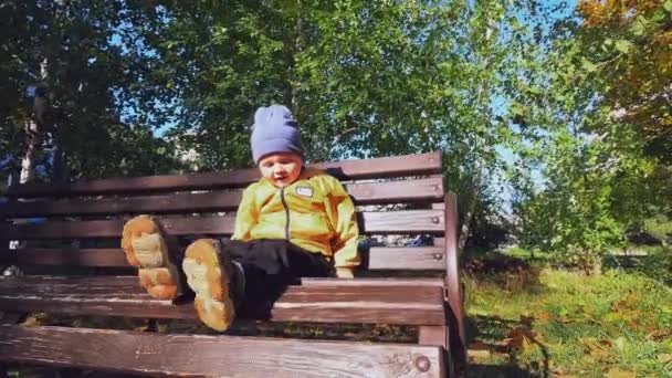 Весёлый Ребёнок Сидит Двигает Ногами Скамейке Парке Двухлетний Мальчик Мечтает — стоковое видео