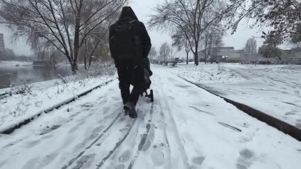 Dad Stroller Walks Winter Park Lake Snowfalls Young Father Child — Video Stock