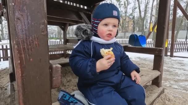 Garotinho Macacão Quente Come Pão Fresco Inverno Livre Sentado Playground — Vídeo de Stock