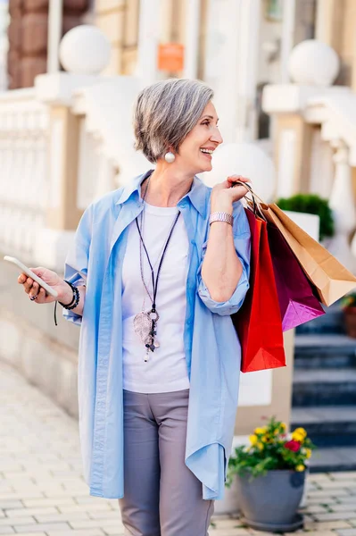Beautiful Happy Senior Adult Woman Shopping City Stylish Fashionable Old — Stock Photo, Image