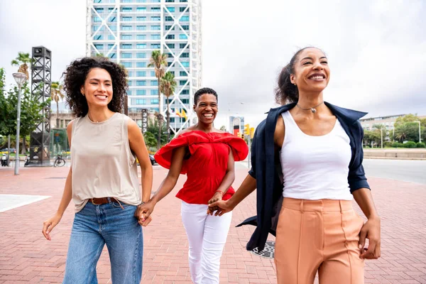 Happy Beautiful Hispanic South American Black Women Meeting Outdoor Having — Stockfoto
