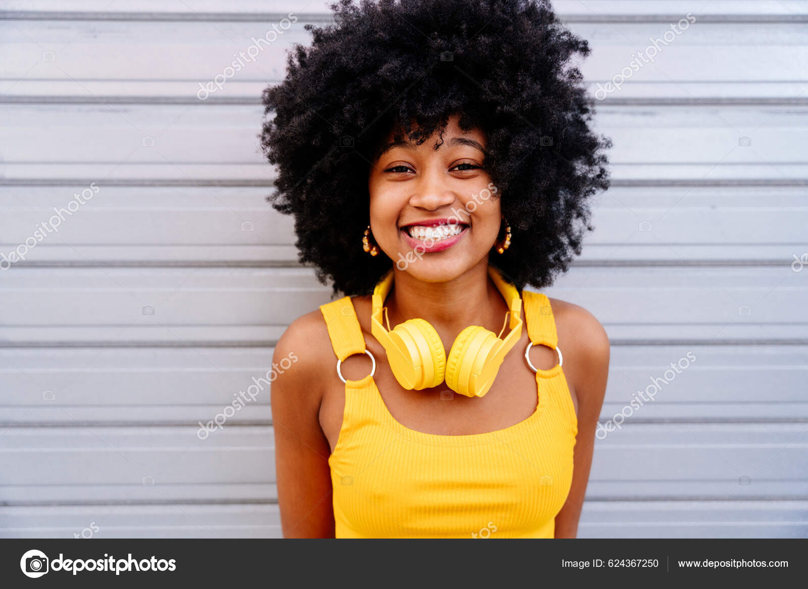 Beautiful Young Happy African Woman Afro Curly Hairstyle Strolling City 