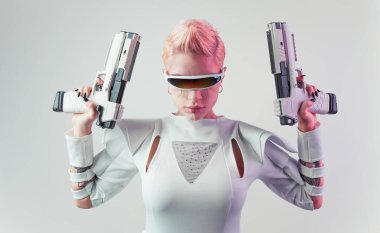 Gelişmiş teknoloji parçalarına sahip biyonik bir süper insanın temsili VR vizör ve cihazlar olarak karışık bir gerçeklik eğitim odasında oynanıyor. İnsan ırkının ve yapay zekanın gelecekteki siber punk evrimi