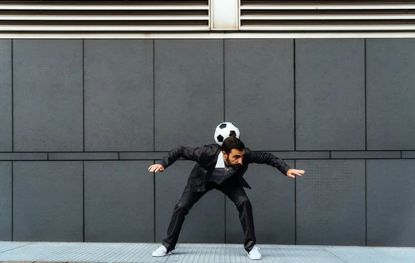 Image Businessman Soccer Freestyle Player Making Tricks Ball Street Concept — Stock Photo, Image