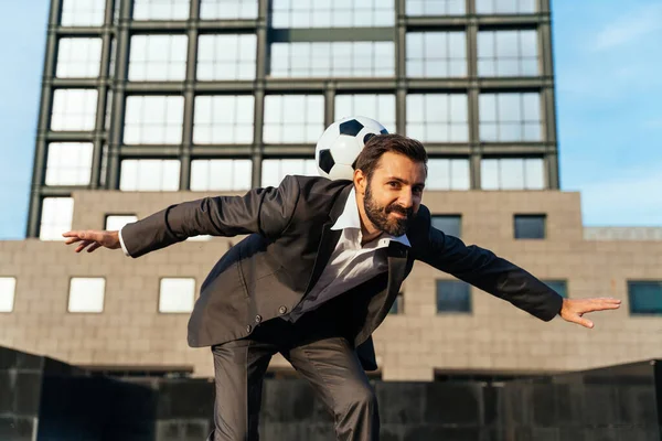 Image Businessman Soccer Freestyle Player Making Tricks Ball Street Concept — Stock Photo, Image
