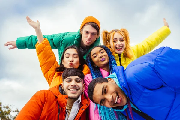 Multiracial Group Young Happy Friends Meeting Outdoors Winter Wearing Winter — Stock Photo, Image