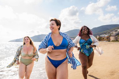 Group of beautiful plus size women with swimwear bonding and having fun at the beach - Group of curvy female friends enjoying summertime at the sea, concepts about body acceptance, body positive and self confidence