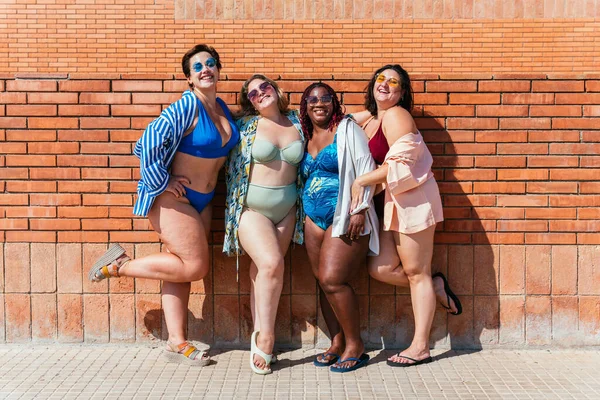 Group Beautiful Size Women Swimwear Bonding Having Fun Beach Posing — Photo