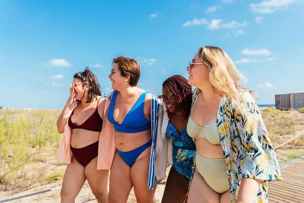 Group Beautiful Size Women Swimwear Bonding Having Fun Beach Group — Foto de Stock