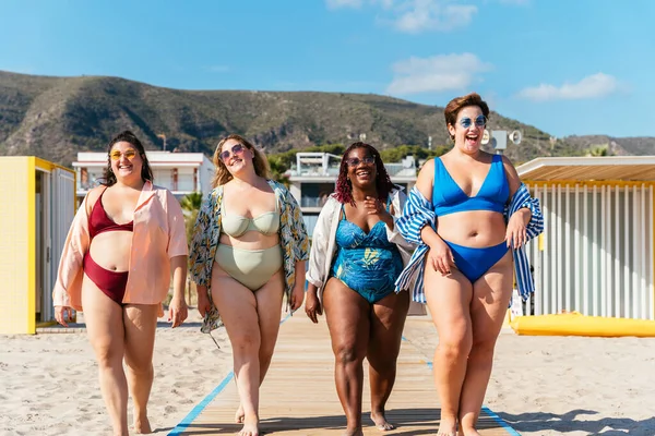 Group Beautiful Size Women Swimwear Bonding Having Fun Beach Group — Φωτογραφία Αρχείου