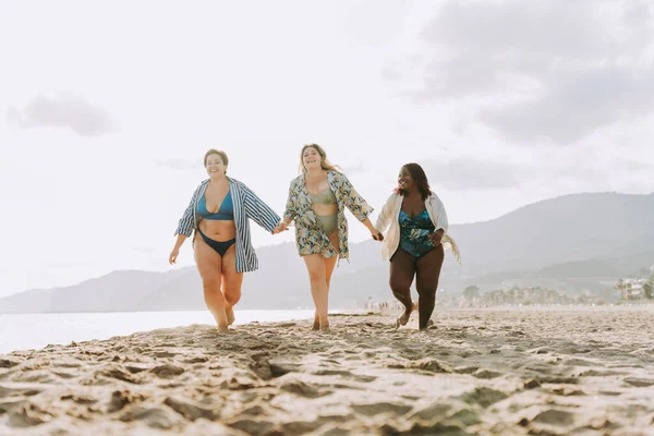 Group Beautiful Size Women Swimwear Bonding Having Fun Beach Group — Zdjęcie stockowe