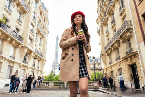 Beautiful Young Woman Visiting Paris Eiffel Tower Parisian Girl Red — Photo