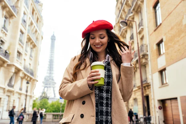 Beautiful Young Woman Visiting Paris Eiffel Tower Parisian Girl Red — Photo