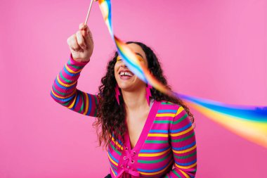 Beautiful young hispanic woman with diastema with colorful and cool style - Confident and interesting female with diverse and unique style, concepts about fashion, individuality and body acceptance