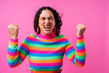 Beautiful young hispanic woman with diastema with colorful and cool style - Confident and interesting female with diverse and unique style, concepts about fashion, individuality and body acceptance