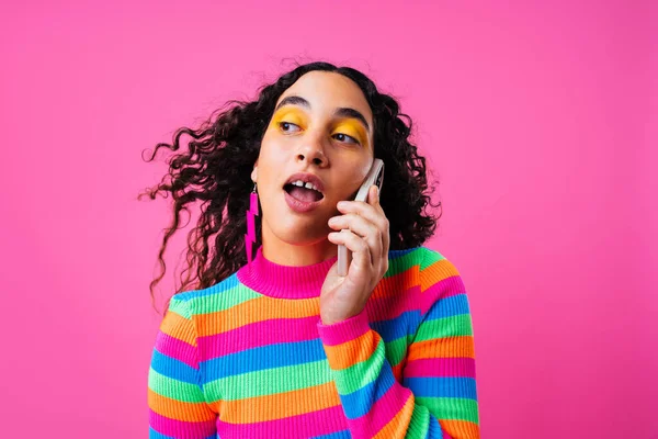 Beautiful young hispanic woman with diastema with colorful and cool style - Confident and interesting female with diverse and unique style, concepts about fashion, individuality and body acceptance