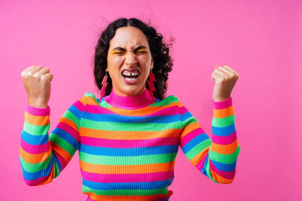 Beautiful young hispanic woman with diastema with colorful and cool style - Confident and interesting female with diverse and unique style, concepts about fashion, individuality and body acceptance