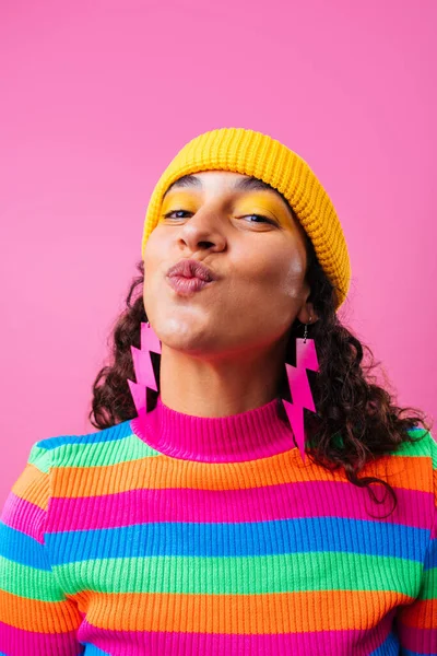Beautiful young hispanic woman with diastema with colorful and cool style - Confident and interesting female with diverse and unique style, concepts about fashion, individuality and body acceptance