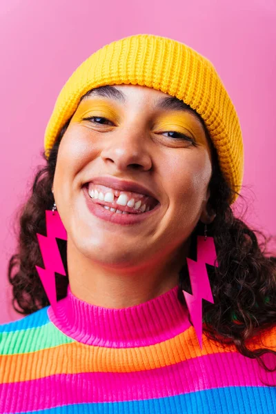 Beautiful young hispanic woman with diastema with colorful and cool style - Confident and interesting female with diverse and unique style, concepts about fashion, individuality and body acceptance