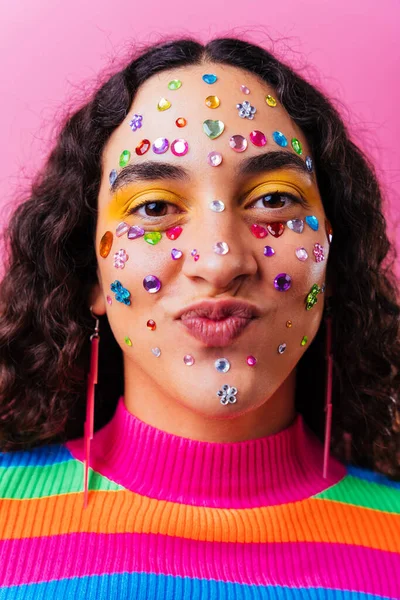 Beautiful young hispanic woman with diastema with colorful and cool style - Confident and interesting female with diverse and unique style, concepts about fashion, individuality and body acceptance