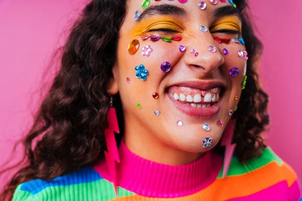 Beautiful young hispanic woman with diastema with colorful and cool style - Confident and interesting female with diverse and unique style, concepts about fashion, individuality and body acceptance