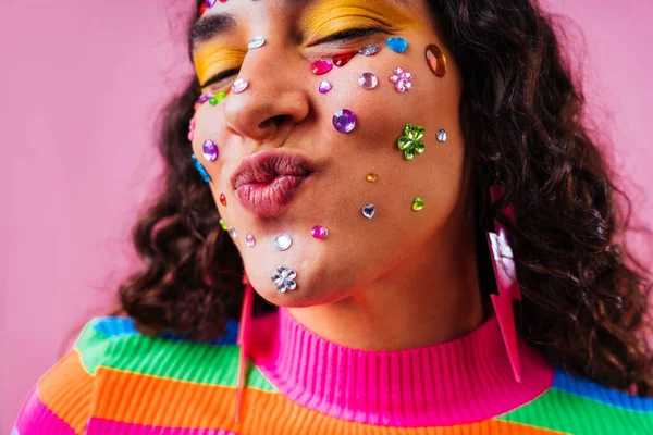 Beautiful young hispanic woman with diastema with colorful and cool style - Confident and interesting female with diverse and unique style, concepts about fashion, individuality and body acceptance