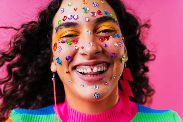Beautiful young hispanic woman with diastema with colorful and cool style - Confident and interesting female with diverse and unique style, concepts about fashion, individuality and body acceptance