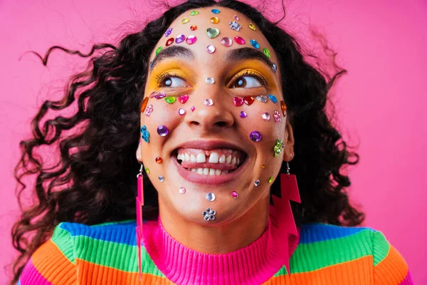 Beautiful young hispanic woman with diastema with colorful and cool style - Confident and interesting female with diverse and unique style, concepts about fashion, individuality and body acceptance