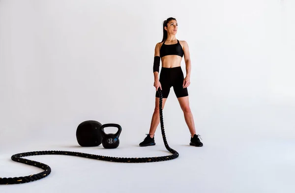 Young Female Athlete Training Gym Using Sport Equipment Fit Woman — Stock Photo, Image