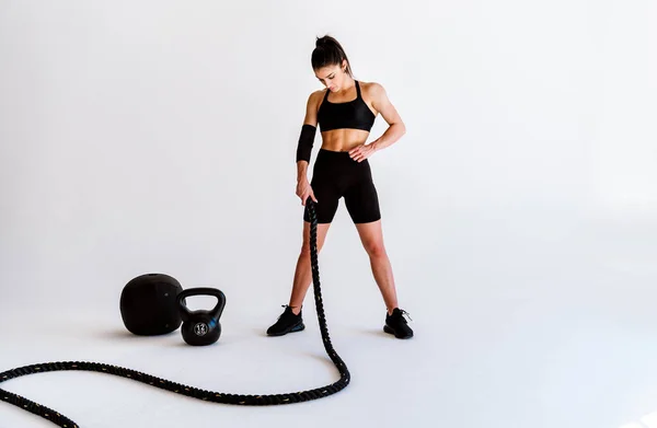Young Female Athlete Training Gym Using Sport Equipment Fit Woman — Stock Photo, Image