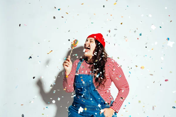 stock image Plus size woman model posing in studio and having fun. Big model wearing fashionable modern clothes . Studio shot with hard direct light