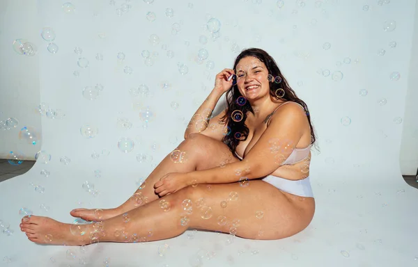Size Woman Posing Studio Lingerie Model White Background Hard Light — Stock Photo, Image