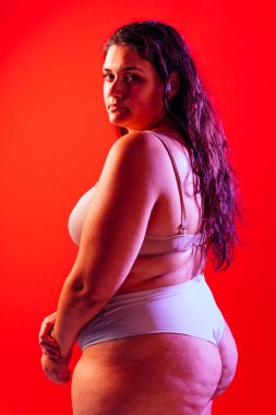 Ayrıca stüdyo içinde iç çamaşırlarıyla poz veren cüsseli bir kadın. Renkli arka planda model. Hard Light stüdyo çekimi