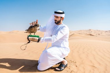 Ortadoğulu bir adam çölde geleneksel emirati Arap kandurası giyiyor ve Dubai 'deki kum tepelerinde Arap Müslüman bir şahin kuşu tutuyor.
