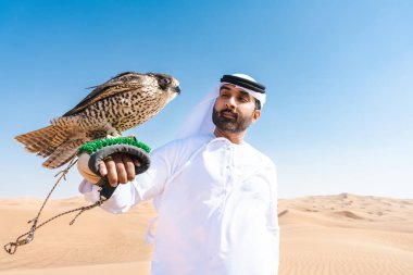 Ortadoğulu bir adam çölde geleneksel emirati Arap kandurası giyiyor ve Dubai 'deki kum tepelerinde Arap Müslüman bir şahin kuşu tutuyor.