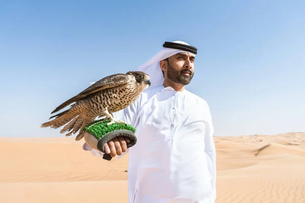 在沙漠中穿着传统的亚拉提 阿拉布 坎杜拉的中东男人 带着猎鹰鸟 迪拜沙丘上的阿拉伯穆斯林成年人 — 图库照片