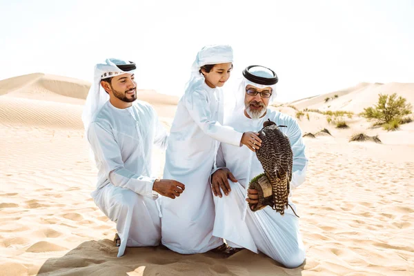 Three Generation Family Making Safari Desert Dubai Grandfather Son Grandson — Stock Photo, Image